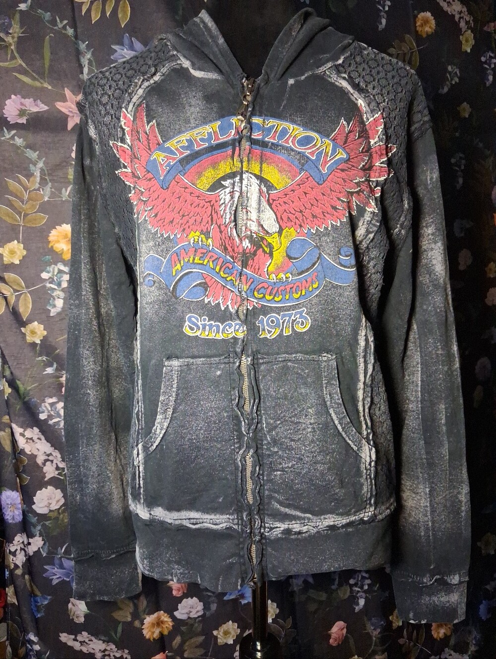 Affliction Black Distressed Graphic Zip Hoodie - Eagle Print